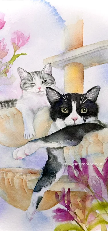 猫を描いた講師の水彩作品