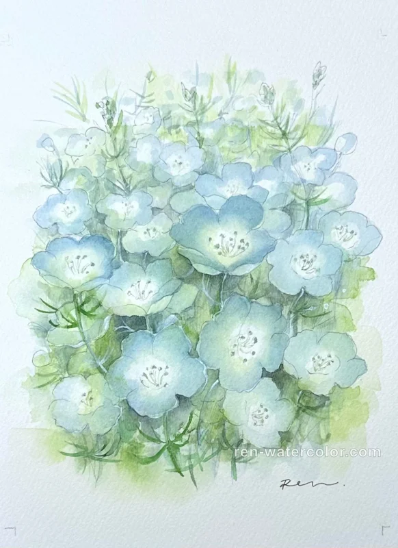 淡い青の花を描いた講師の水彩作品